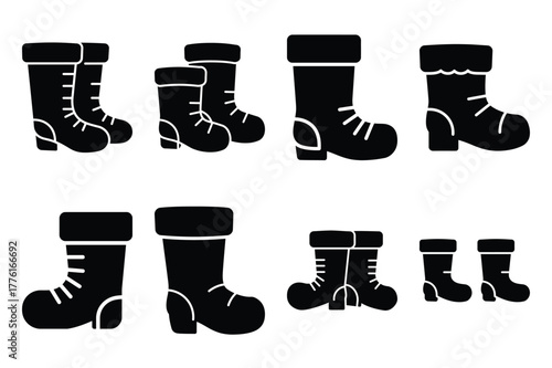 santa boots simple vector icon set. christmas silhouette icons on black color and white background.