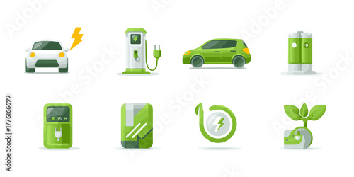 Collection of icons representing electric vehicles charging and sustainable energy concepts