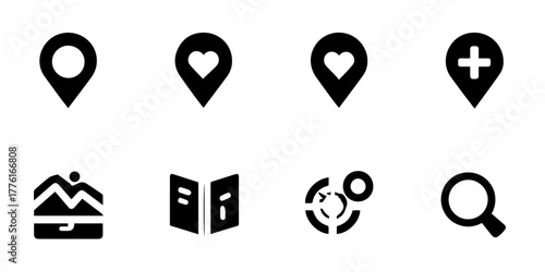 Set of  black navigation and location icons on a white background including map pins and search symbols