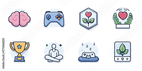 Collection of icons representing health wellness mindset gaming and achievement concepts