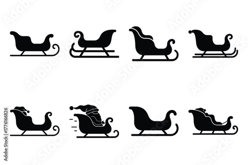 santa sleigh simple vector icon set. christmas silhouette icons on black color and white background.