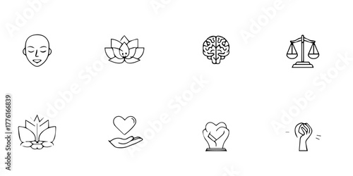 Collection of eight simple line art icons representing mindfulness meditation balance and compassion