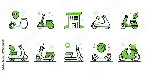 Collection of modern green electric scooters and delivery icons representing urban mobility and services