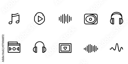 Collection of hand drawn music icons representing audio playback sound waves and headphones