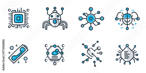Collection of stylized technology and cybersecurity icons representing digital concepts and data security