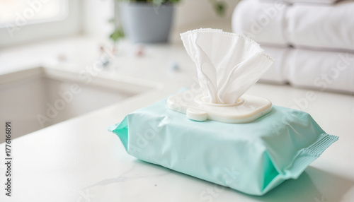 Open baby wipes pack on changing table, hygiene and cleanliness concept