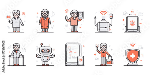 Elderly people interacting with technology and healthcare services in a modern setting