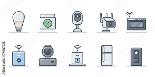 Collection of hand drawn icons representing smart home technology and devices