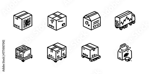 Collection of isometric line art icons representing various shipping and delivery boxes and packages