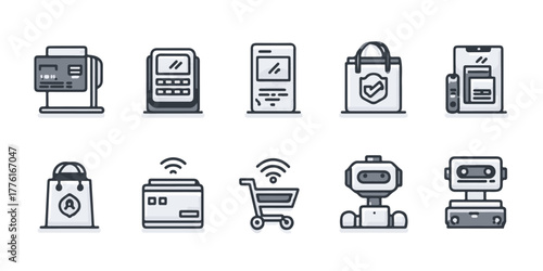 Collection of modern payment and shopping icons representing digital commerce and technology