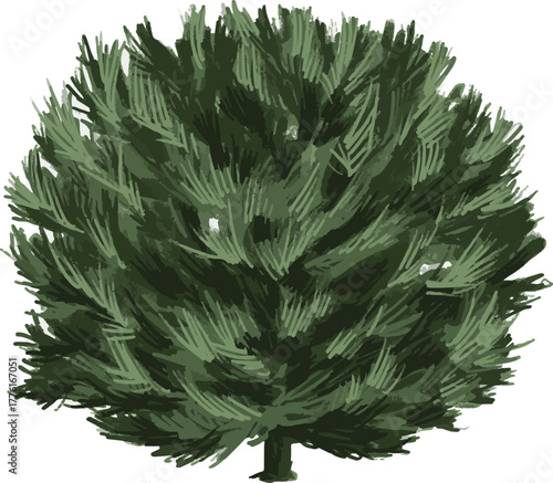 stylized, round digital illustration of a dense bush or pine tree viewed from a low angle, created with a noticeable dry brush or textured stroke effect. The artwork uses various shades of dark and li