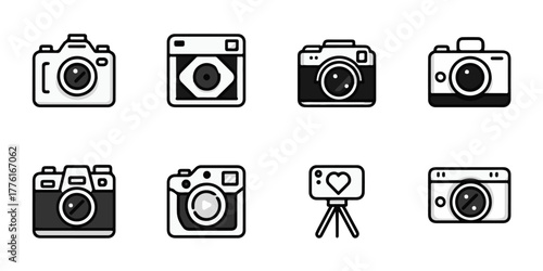 Collection of diverse camera icons representing photography and videography in a clean graphic style
