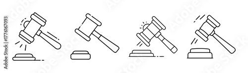 Gavel line icon set showing law, justice, authority, and auction concept