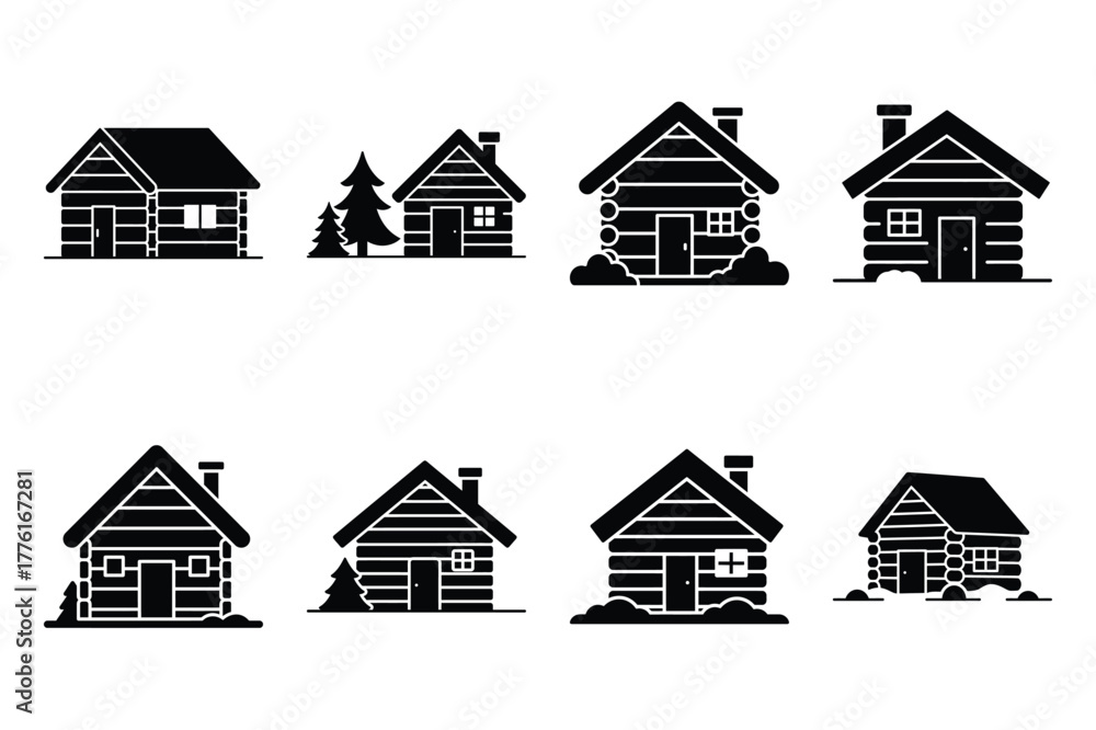 Fototapeta premium snowy cabin simple vector icon set. christmas silhouette icons on black color and white background.
