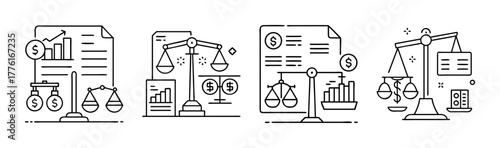 Finance and law line icons set: balance, economy, budget, regulation
