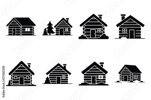 snowy cabin simple vector icon set. christmas silhouette icons on black color and white background.