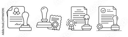 Four linear icons of official stamp and certified legal documents