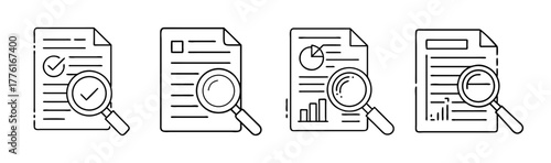 Line icons illustrating document verification review analysis and audit