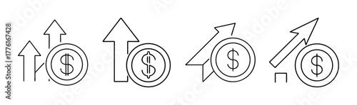 Money growth icons collection. dollar coin with rising arrow vector symbol