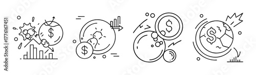 Financial crisis line icon set: bubble economy collapse and recession