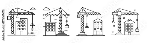Outline icons set of buildings under construction with tower cranes