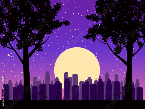 Night city poster, cityscape background with bright and glowing Moon