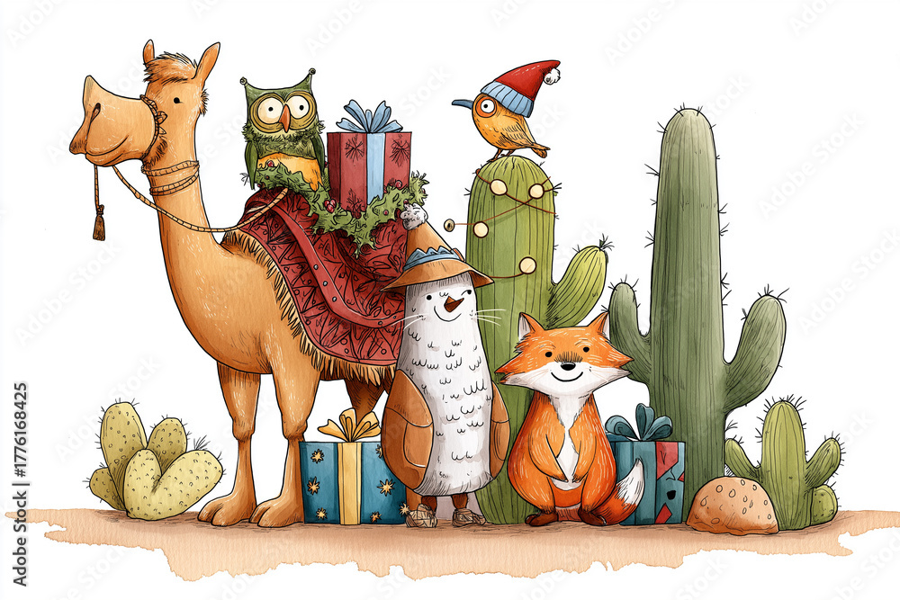 Obraz premium Festive desert friends: camel, owl, bird, mushroom-creature, and fox celebrate with gifts and cacti in a holiday scene.