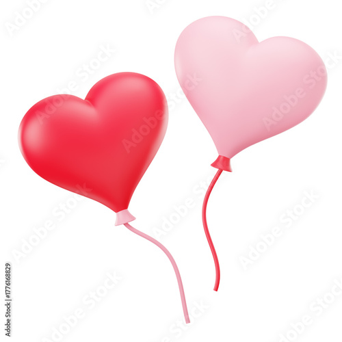 Two 3D rendered heart-shaped balloons, one red and one pink, floating against a white background, symbolizing love and celebration