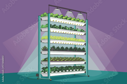 Vertical farming system with layered crops under artificial light.