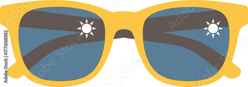 Bright yellow fashion sunglasses with blue lenses reflecting sunny sky and clouds detailed closeup isolated on transparent background