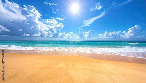 Golden Sandy Beach Shoreline With Turquoise Ocean Waves Under A Bright Sunny Sky With Fluffy Clouds And Sunburst Lighting