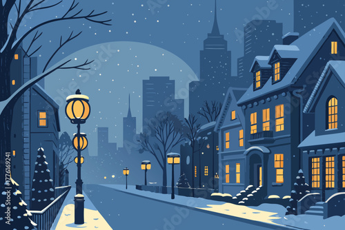 Glowing winter city street covered in snow at night.