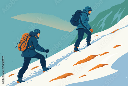 Winter hikers ascend a snow-covered hill.
