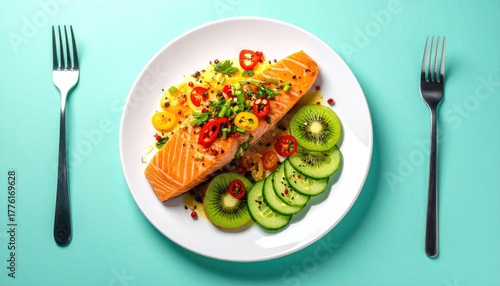 Gourmet Salmon Fillet With Sliced Kiwi And Cucumber Garnished With Red Chili Peppers And Green Onions Served On A White Plate With Two Forks And Blue Background