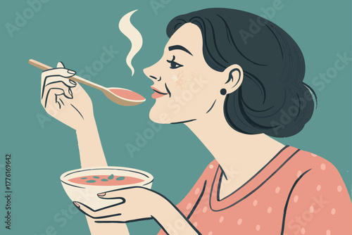 Woman tasting soup with a wooden spoon, clean flat lay.