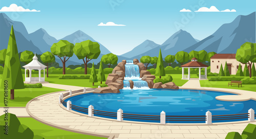 Serene park landscape with a tranquil pond, cascading waterfall, gazebo, and lush greenery under a clear sky