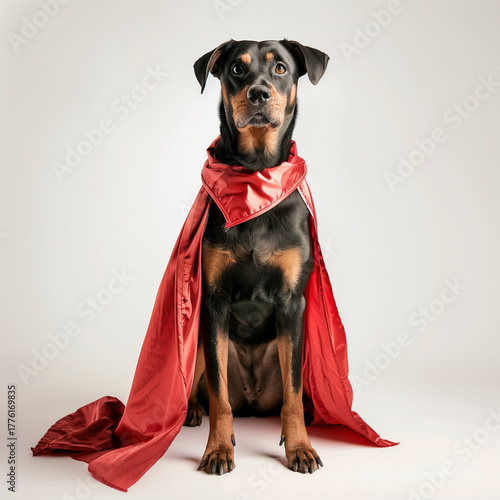 The dog wears a red coat.