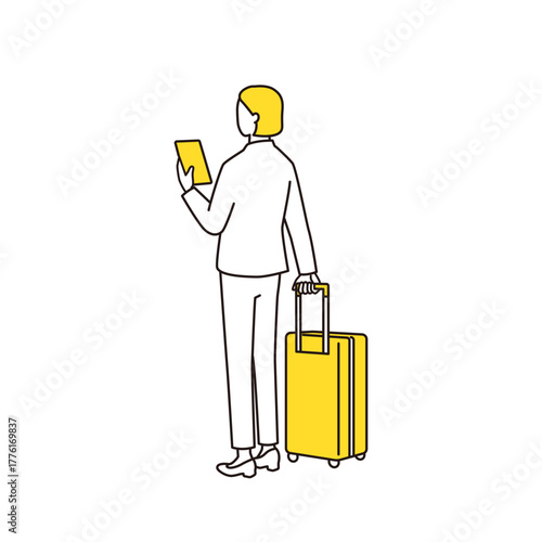 スーツケースを持ってスマホを見ている女性の後ろ姿　線画イラスト