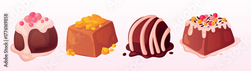 Set of cartoon style chocolate candy elements. Cute colorful chocolates, sweets with caramel, sprinkles, nuts, and icing isolated on a white background. Confectionery collection. Vector illustration.