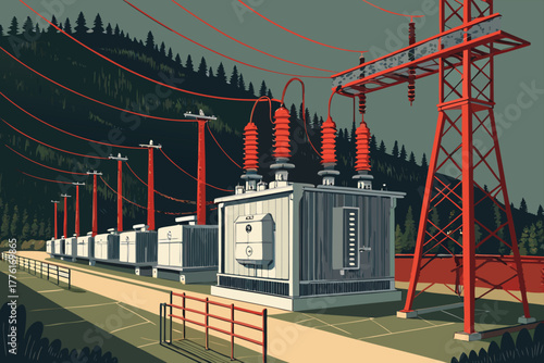 High voltage transformer yard near a dam, illustrating industrial infrastructure.