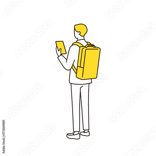 スマホを確認しているリュックを背負った男性の後ろ姿　線画イラスト