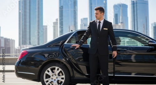 Professional chauffeur in suit opening door of luxury black sedan — ideal for VIP transfer, business travel and premium transport content.