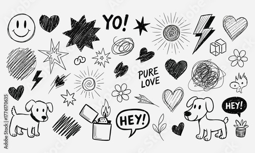 Vector set of hand-drawn scribble illustrations featuring a creative collection of cute dogs, hearts, stars, and graffiti-style elements