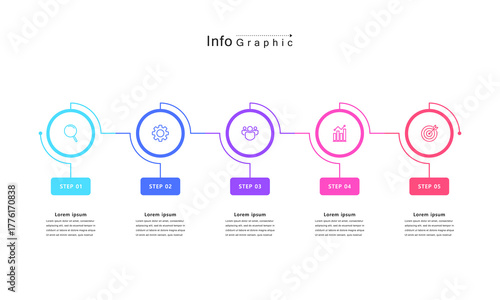 timeline infographic with 5 circular steps and colorful line icons. Minimal vector design for business presentation, workflow, project management, or strategy visualization.