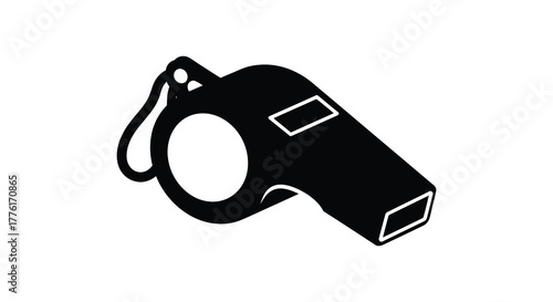 Black silhouette of a sports whistle with a lanyard isolated on a white background representing authority and signaling