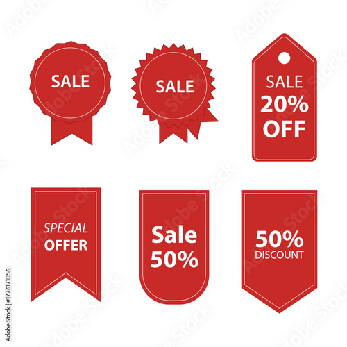 Collection of vibrant red promotional tags and labels showcasing various discount percentages and special offer messages, ideal for marketing campaigns, retail promotions, and sales events