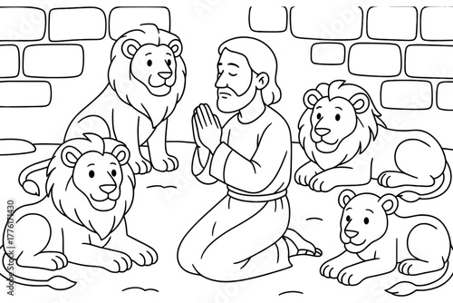 Biblical scene with lions: faithful figure praying surrounded by lions in a linear art style