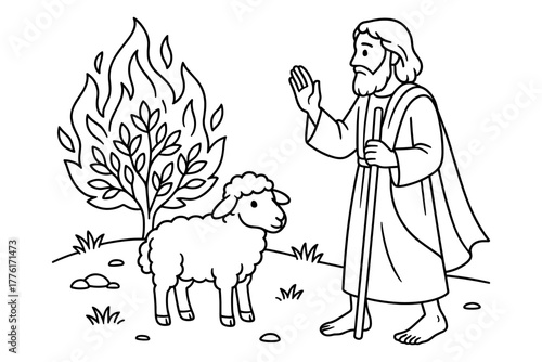 Moses and the burning bush scene in black and white outline