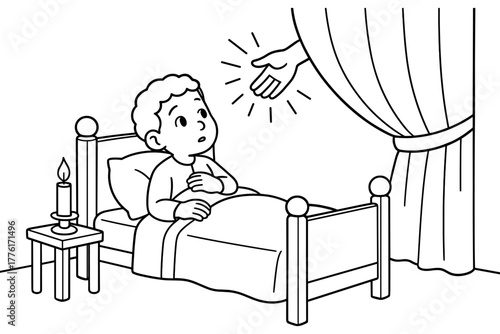 Child in bed reaching for comforting hand in black and white cartoon style