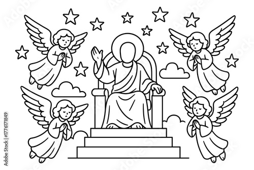 Heavenly scene with wings and stars in linear art style